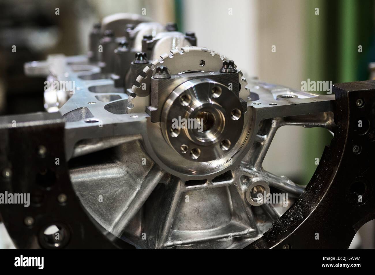 Cylinder block complete with crankshaft. Assembly line of internal combustion engines Stock Photo
