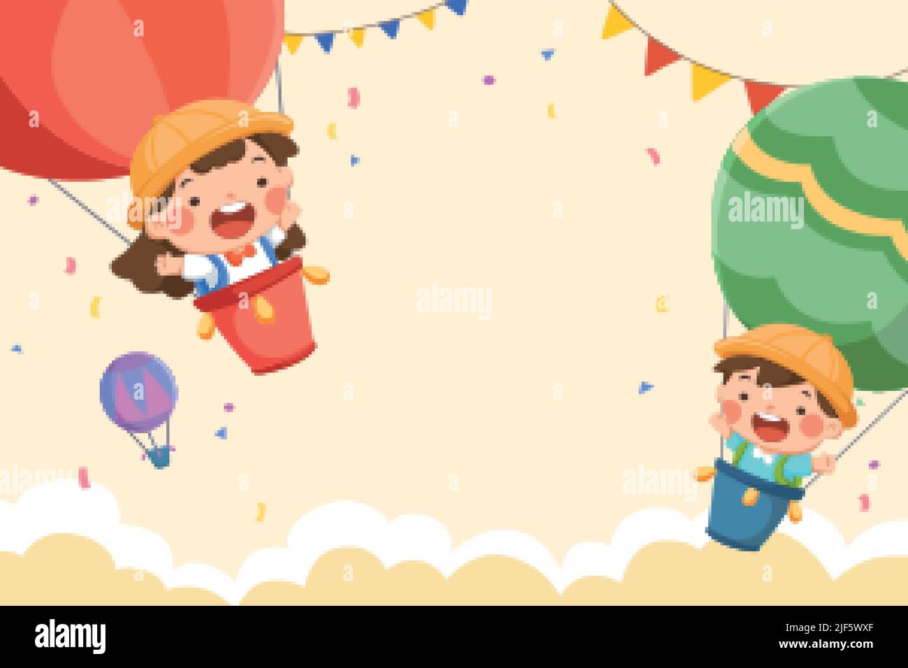 Cartoon illustration of schoolboy and schoolgirl wearing uniform on rising air balloons on the light yellow sky with confetti and multicolored flags. Stock Vector