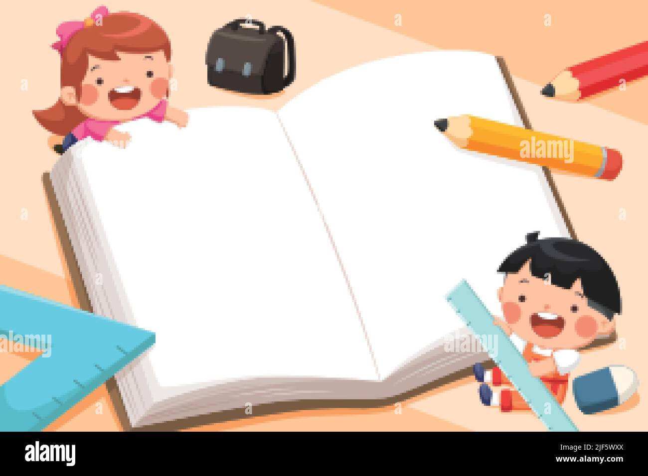 Cartoon illustration of two schoolchildren with book, ruler, pencils, eraser, and schoolbag. Design for back to school Stock Vector