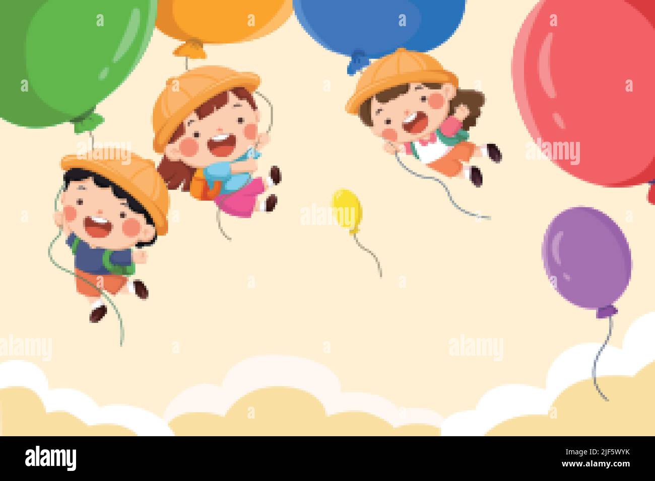 Cartoon illustration of cheerful boys and girls holding colorful rising balloons on yellow sky background. Design for back to school Stock Vector