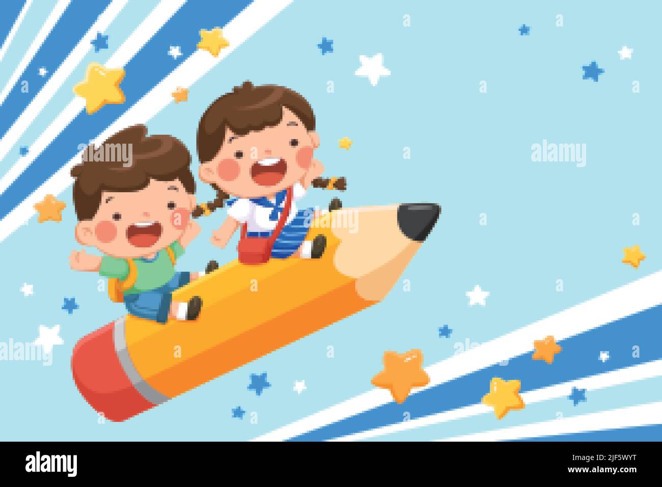 Schoolgirl and schoolboy riding a pencil rocket on light blue background. Banner for back to school sale in cartoon illustration Stock Vector