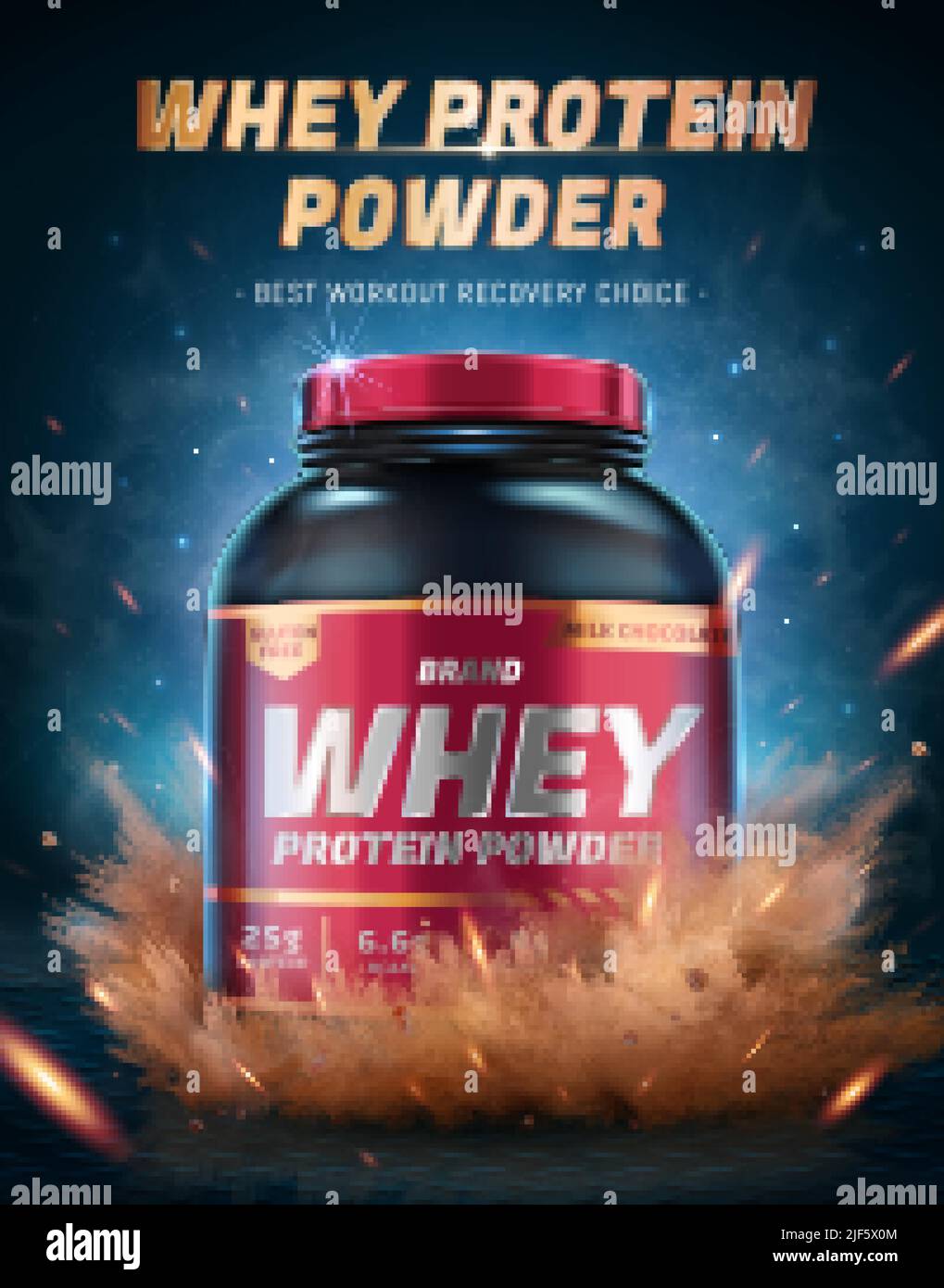Whey protein powder ad poster. 3D Illustration of a whey protein jar with powder explosion effect. Bodybuilding food supplements product promo Stock Vector