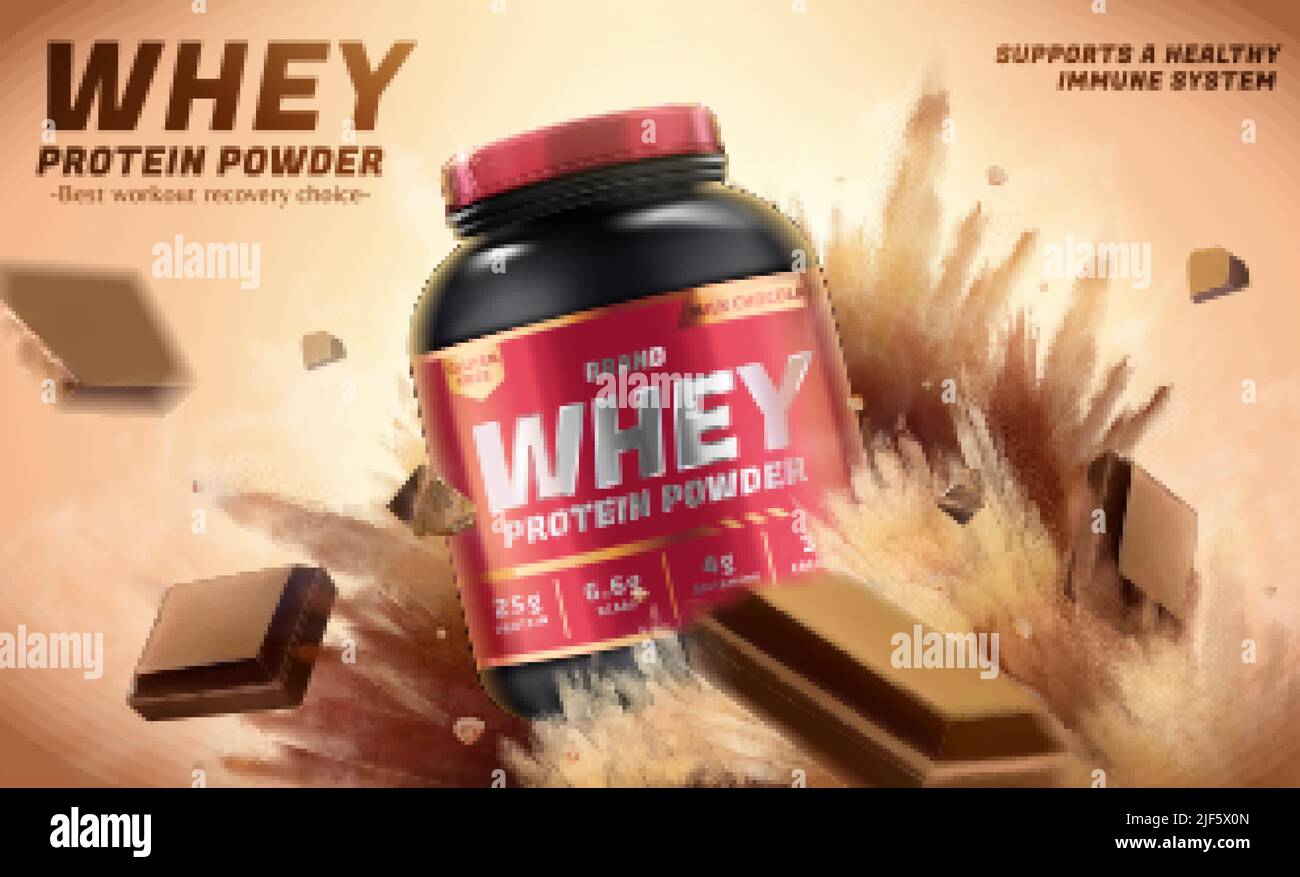 Whey protein powder banner ad. 3D Illustration of whey protein powder jar with explosion effect and chocolate pieces flying. Bodybuilding food supplem Stock Vector