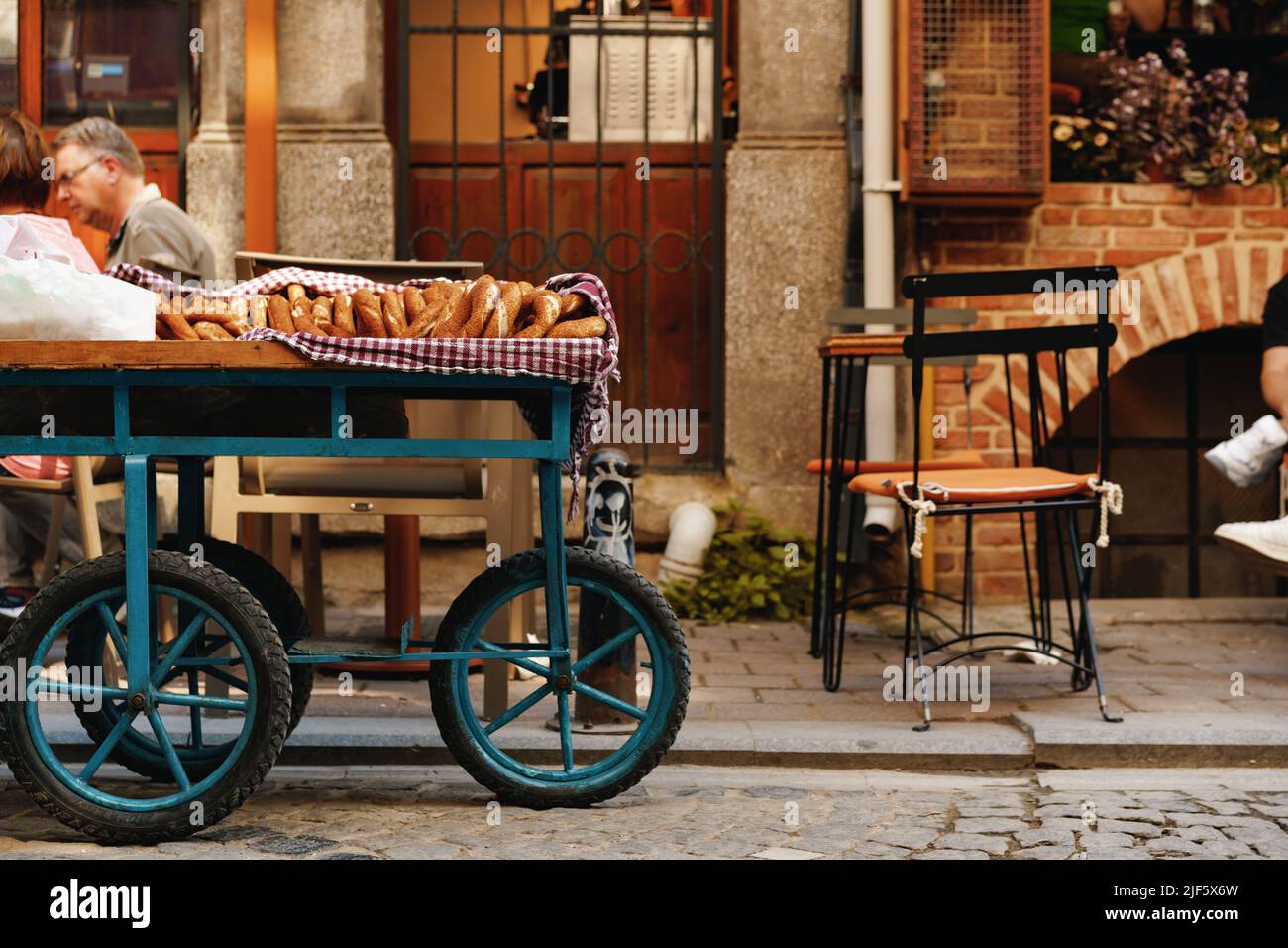 Turkish food cart with traditional bagels in the street of Istanbul Stock Photo
