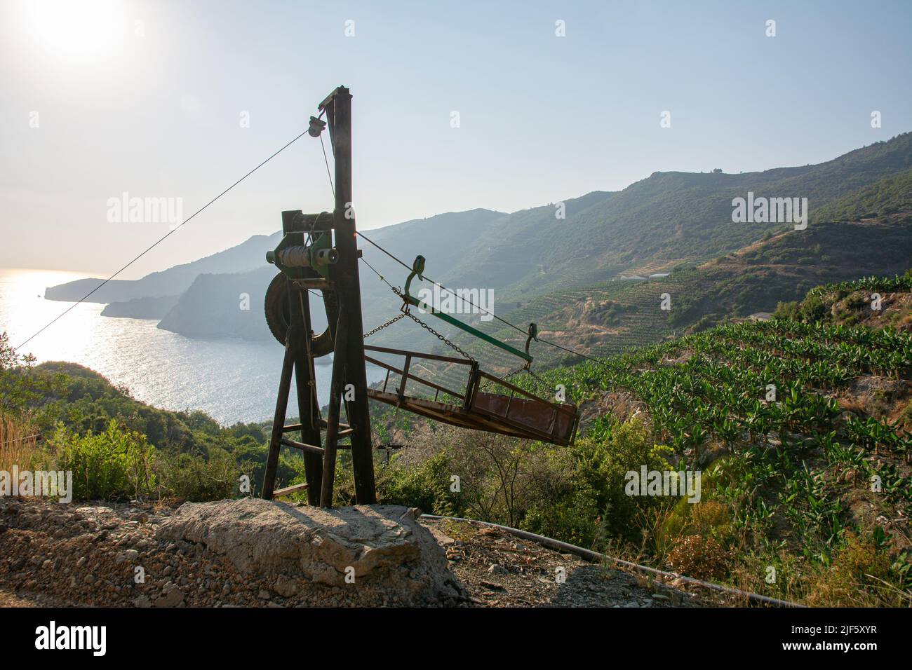 A device for transporting goods in mountain banana plantations. Cable