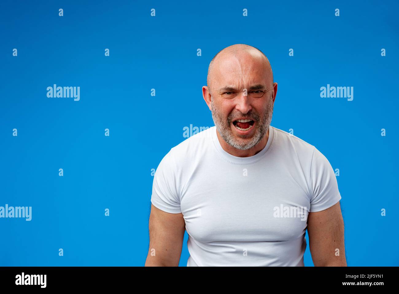 Frustrated bearded man shouting and screaming against blue wall Stock Photo