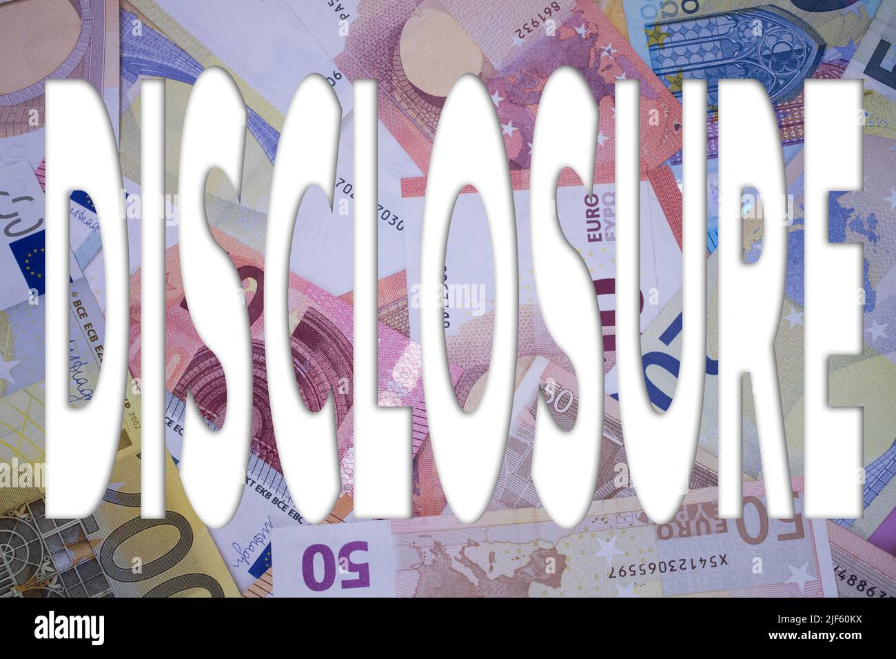 Disclosure word with money. Paper currency background with different banknotes. Stock Photo