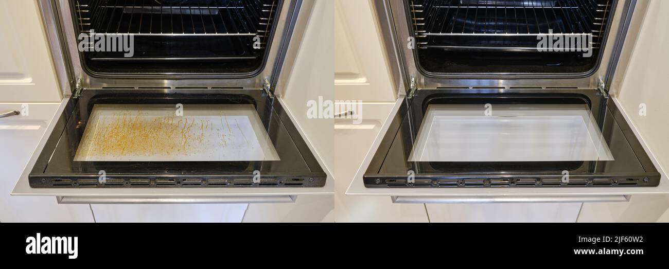 Dirty and clean oven, before and after cleaning and washing the stove