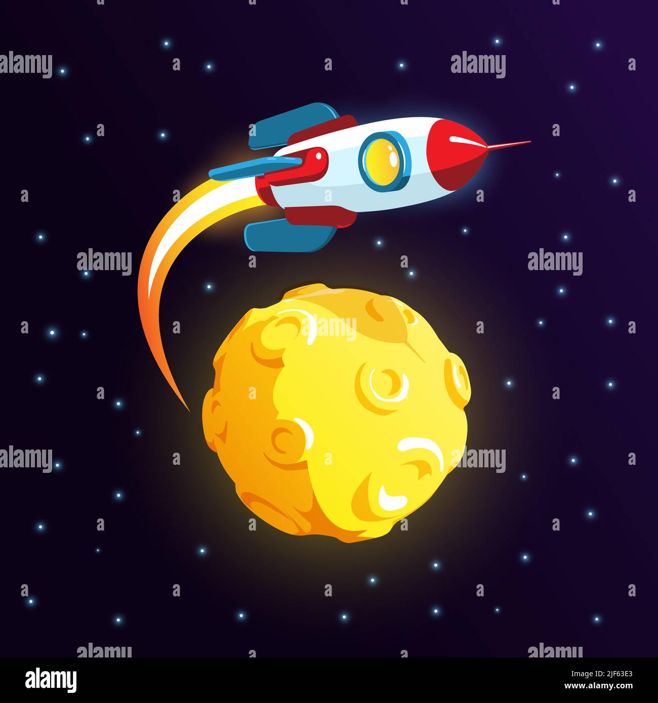 Rocket flies around the moon - cartoon style Stock Vector