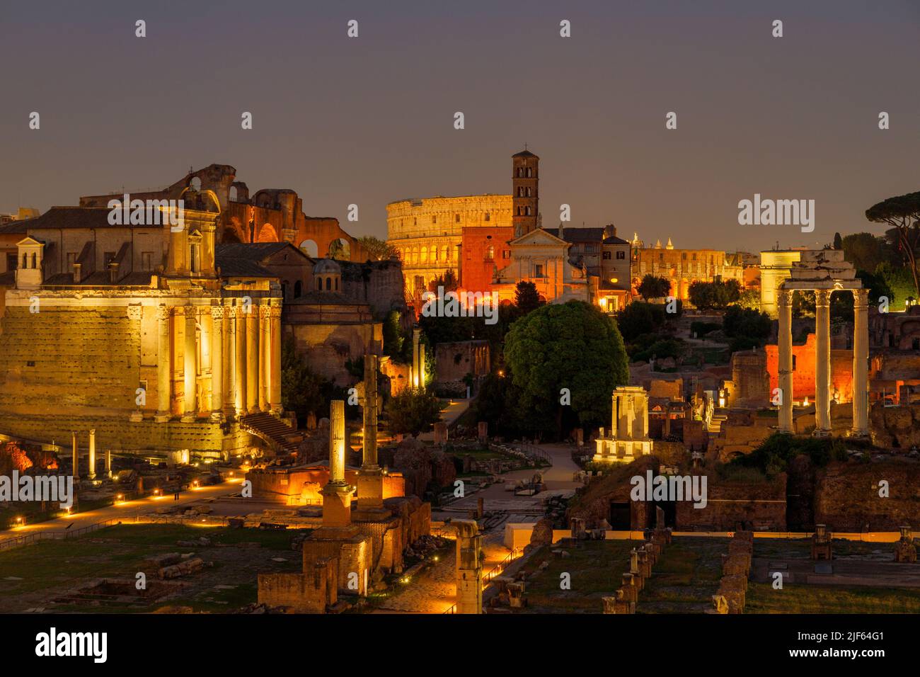 The Roman Forum (latin name Forum Romanum) at night, plaza of the