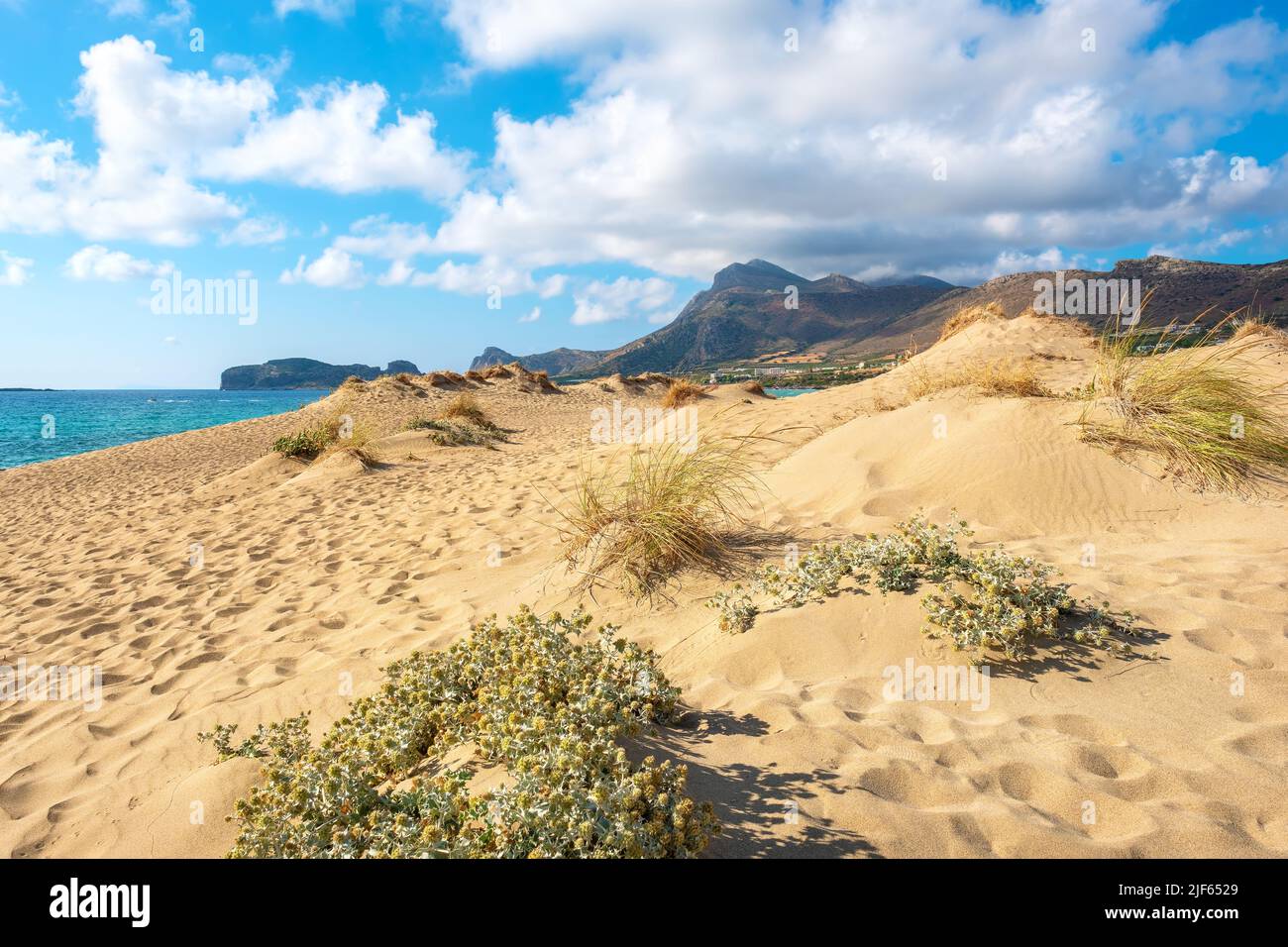View to deserted sandy beach by Falasarna. Crete Island, Greece Stock Photo