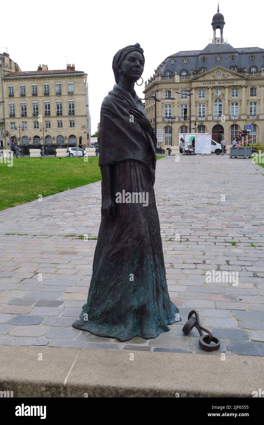 Memorial statue to Marthe Adelaide Modeste Testas, a freed slave stands of the bank of the Garonne River in Bordeaux, France close to the Bourse Marti Stock Photo