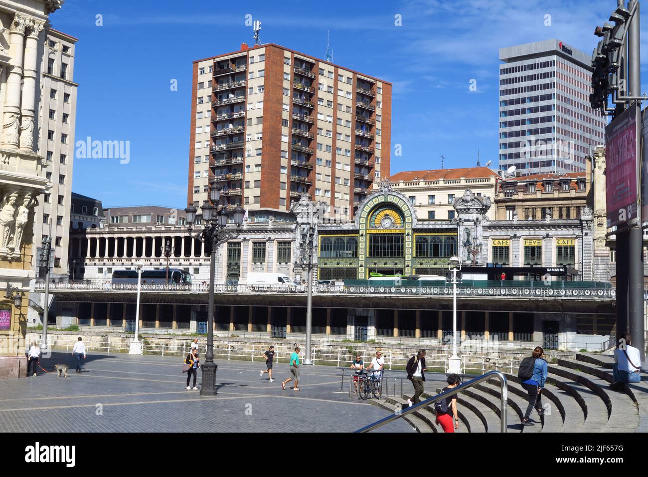 Frontage of La Concordia Station in Bilbao, Spain as viewed from the opposite bank of the Rio de Bilbao Stock Photo