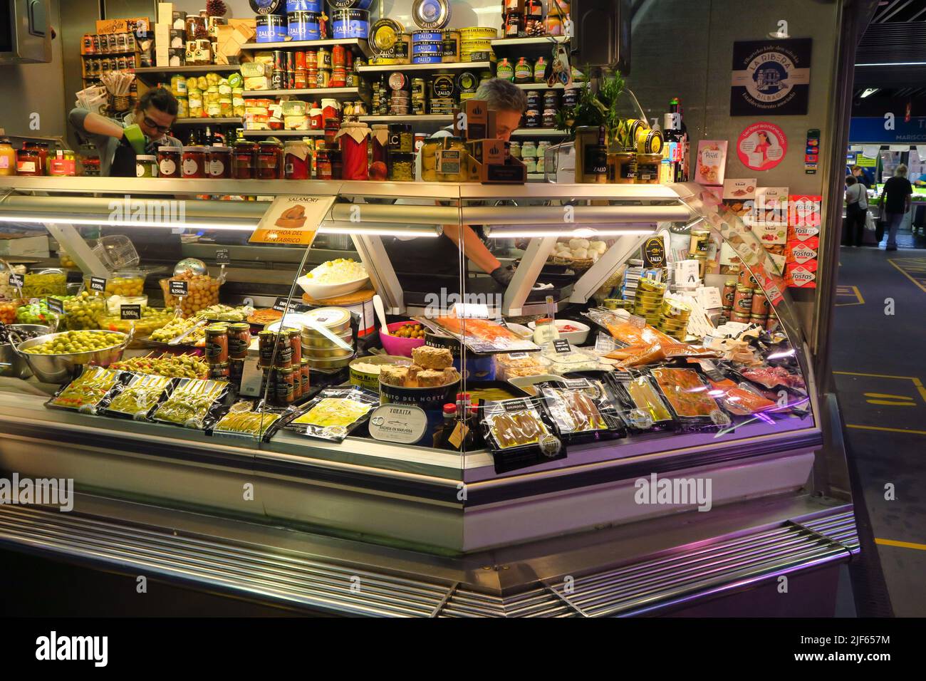Delicatessen stall in La Ribera Market in Bilbao, Spain Stock Photo