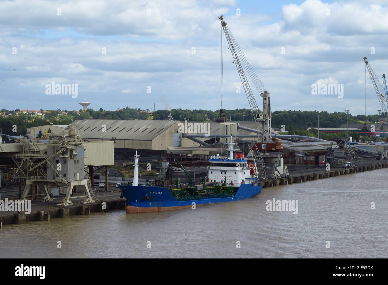 MS Straitview, a general tanker ship, berthed on the Garonne River downstream from the French city of Bordeaux Stock Photo
