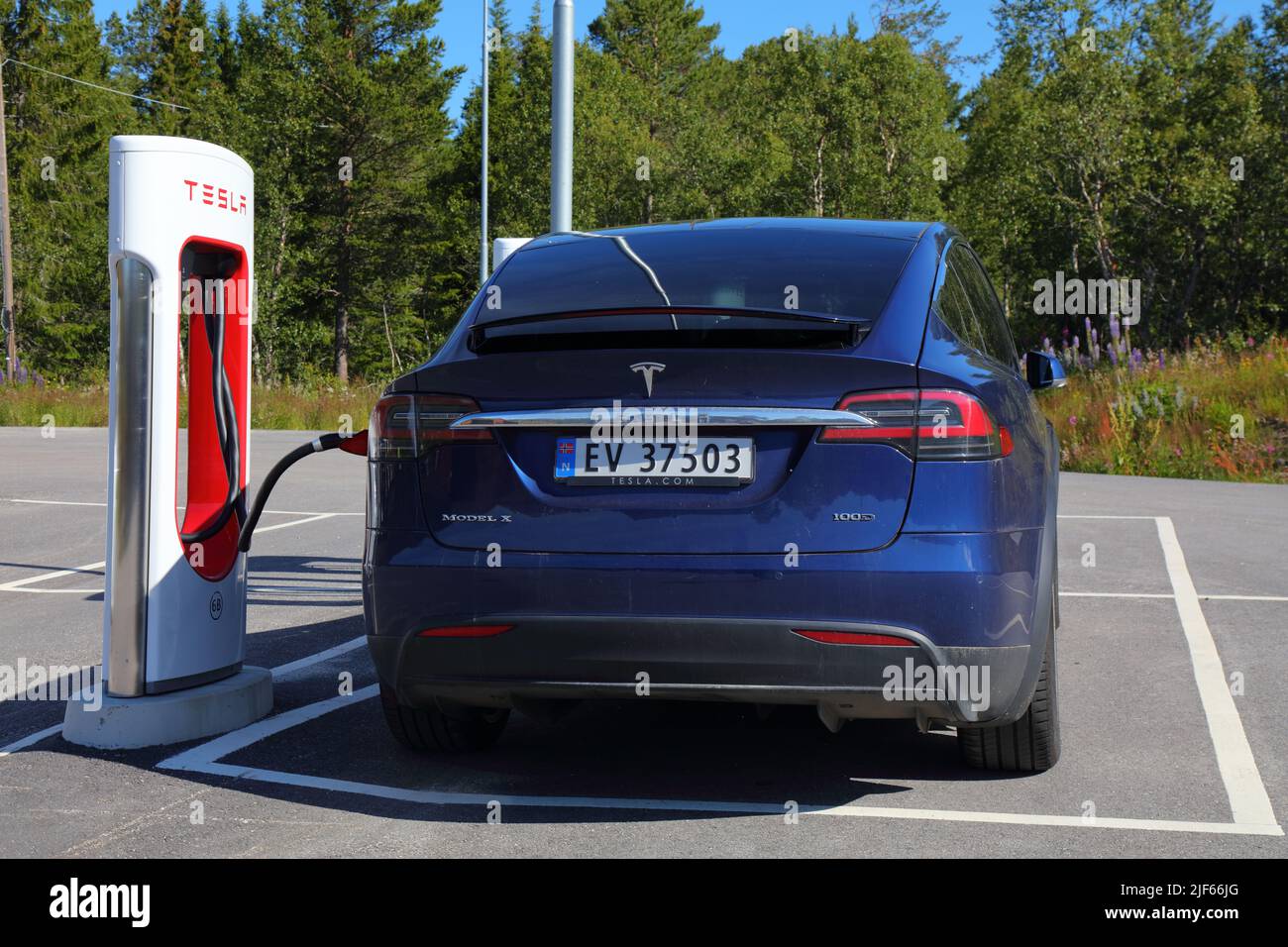 HOVDEN, NORWAY JULY 31, 2020 Tesla Motors electric car parked at