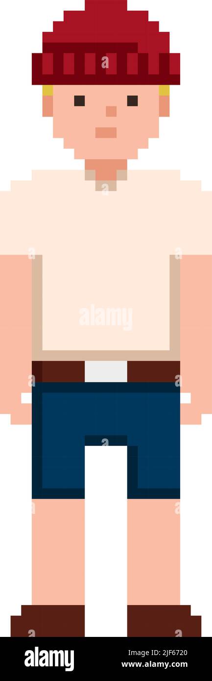 Pixel Illustration of young men wearing red hat and shorts Stock Vector ...