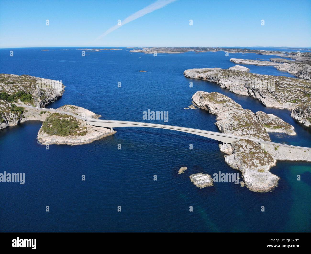 Norway islands drone view. Vestland county island scenic coast road on Toftoy island (also known as Toftoyna) in Oygarden municipality. Stock Photo