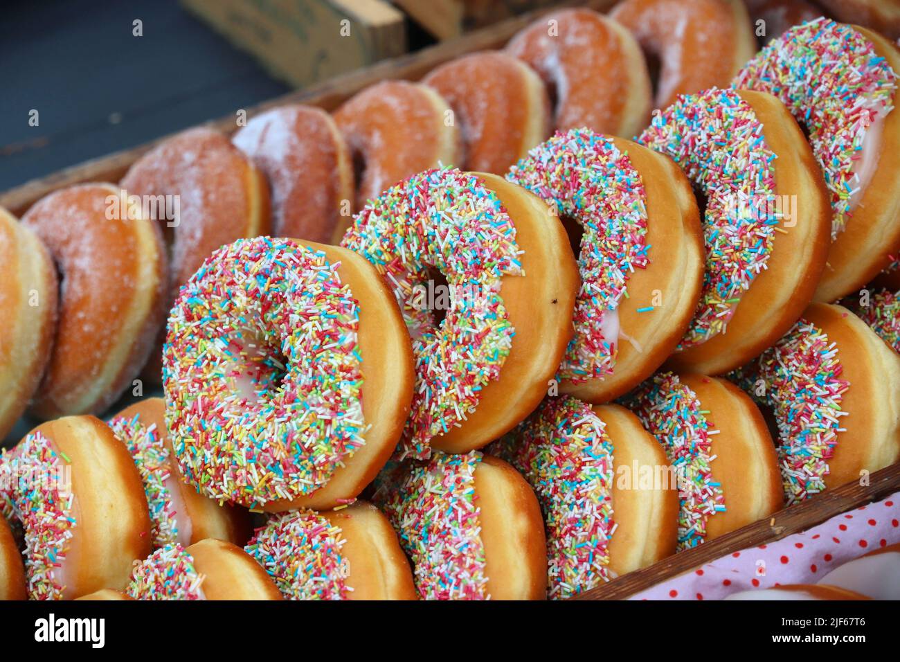 English donuts (doughnuts) at London Spitalfields Market Stock Photo