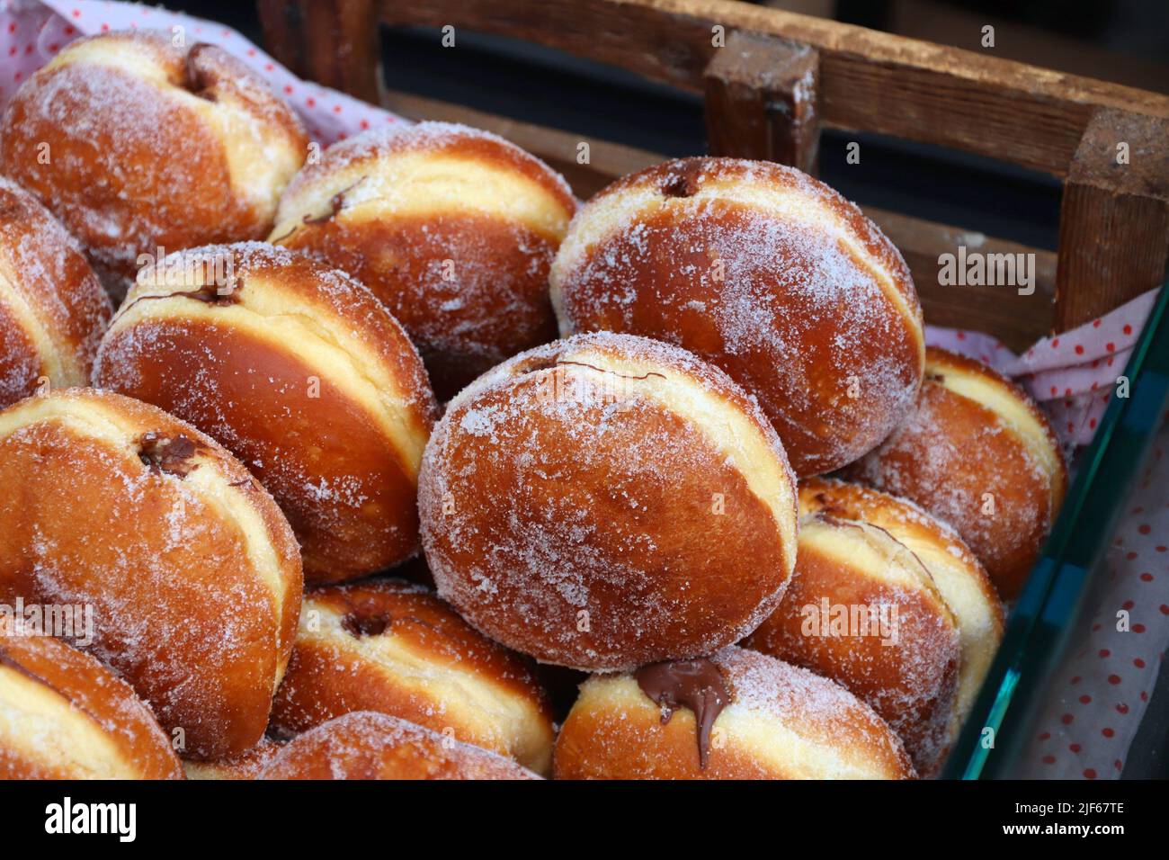 English donuts (doughnuts) at London Spitalfields Market. Chocolate