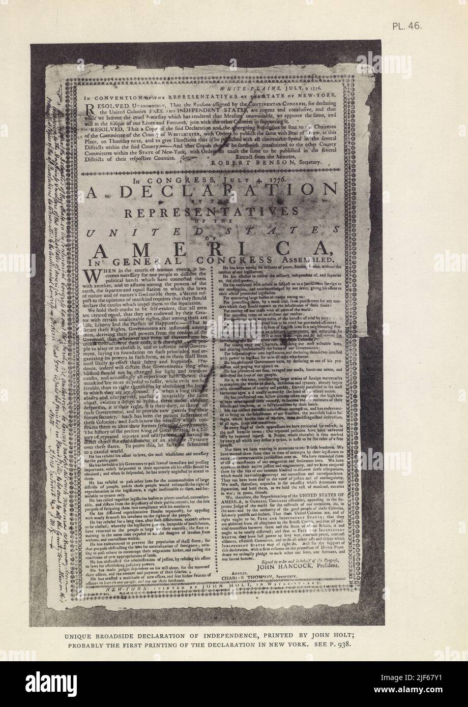 UNIQUE BROADSIDE DECLARATION OF INDEPENDENCE, PRINTED BY JOHN HOLT, PROBABLY THE FIRST PRINTING OF THE DECLARATION IN NEW YORK from the book The iconography of Manhattan Island, 1498-1909 compiled from original sources and illustrated by photo-intaglio reproductions of important maps, plans, views, and documents in public and private collections - Volume 4 Stock Photo