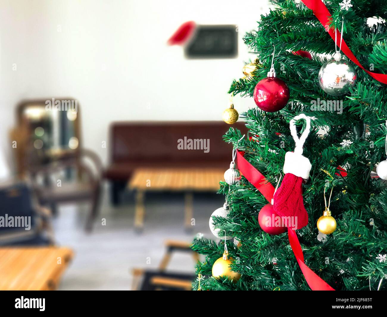 cafe  decorate with gift  on Christmas tree Stock Photo