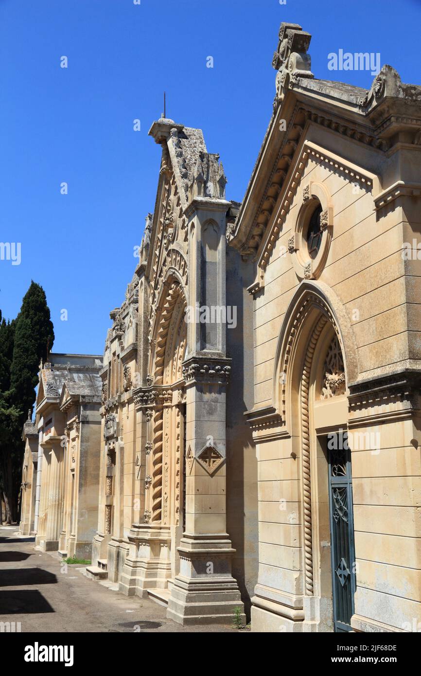 European cemetery. Lecce, Italy - old vaults at Cimitero Monumentale (Monumental Cemetery). Stock Photo
