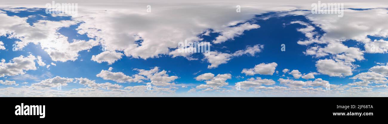 Seamless hdri panorama 360 degrees angle view blue sky with beautiful cumulus clouds with zenith for use in 3d graphics or game development as sky dom Stock Photo