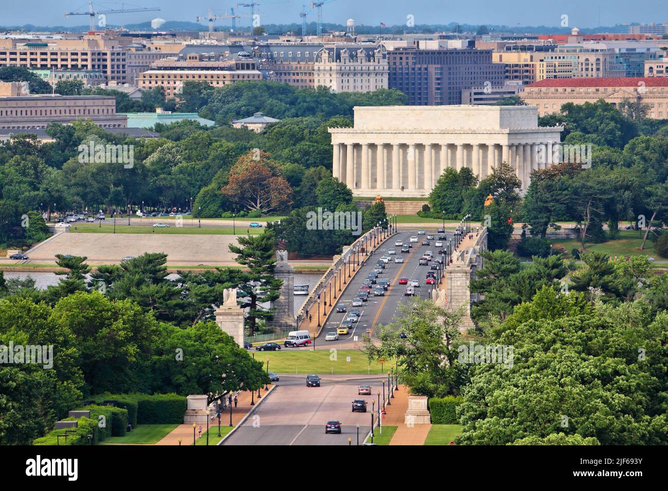 Washington D.C. cityscape with Memorial Avenue and Lincoln Memorial. Stock Photo