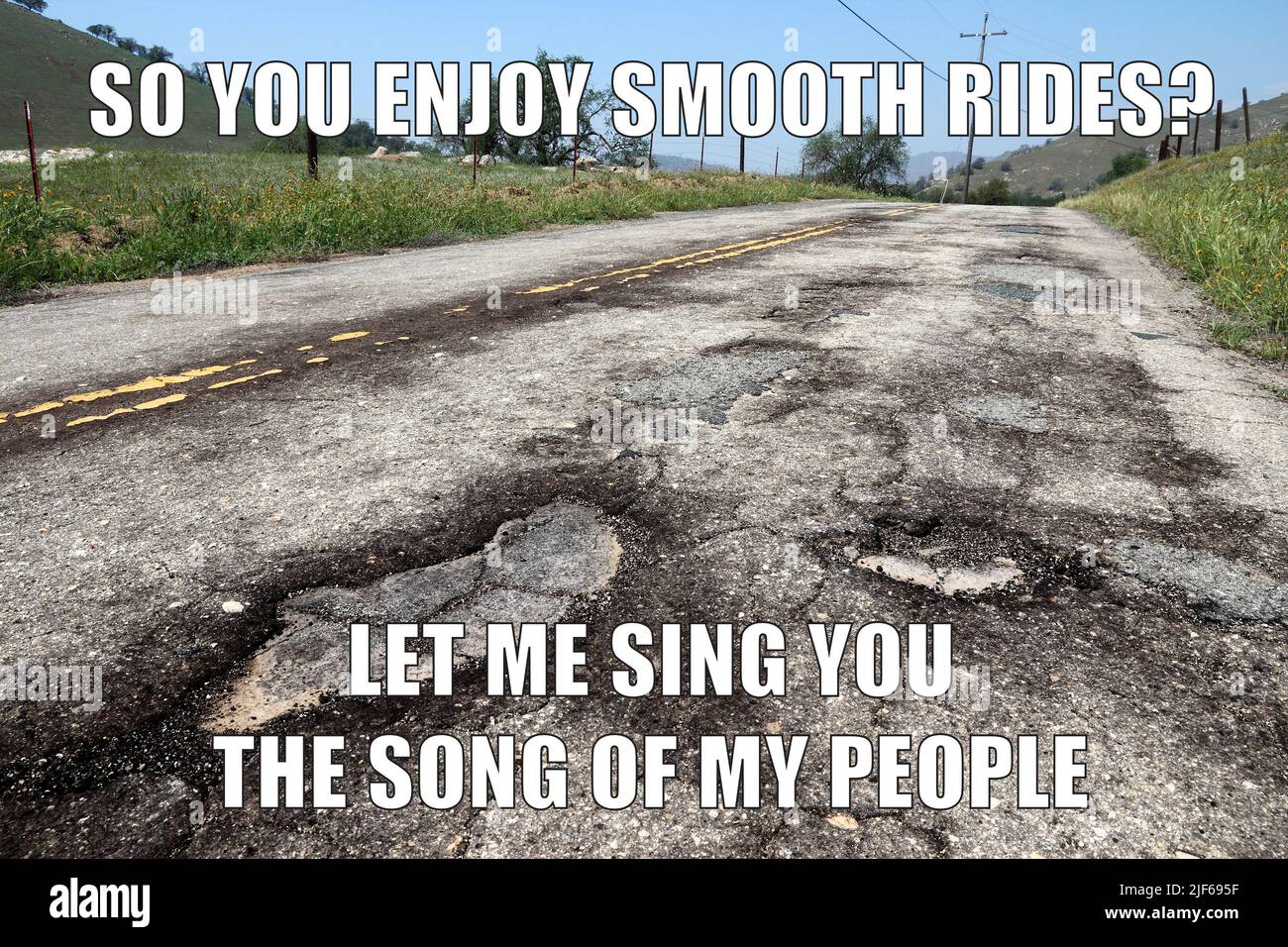 Road infrastructure damage funny meme for social media sharing. Road
