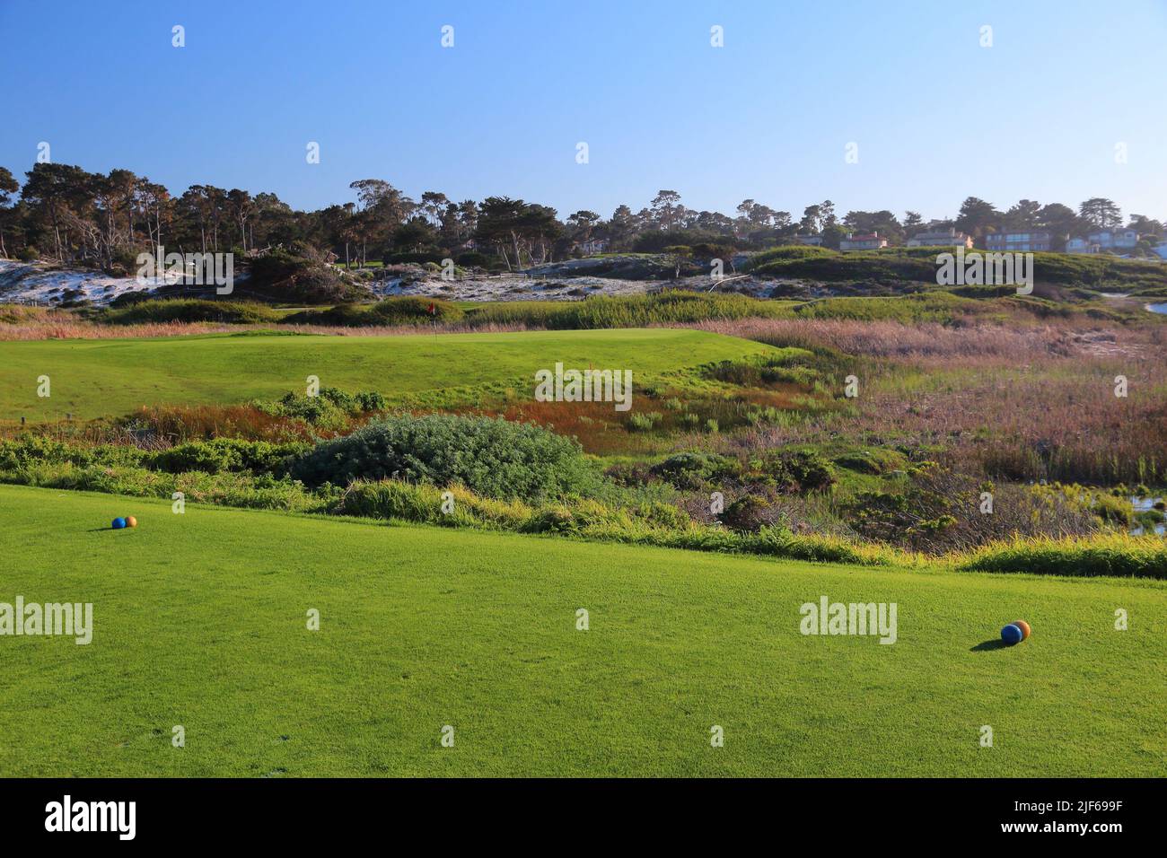 MONTEREY COUNTY, USA - APRIL 7, 2014: Pebble Beach Golf Links in California. It is one of most renowned golf courses with PGA Tour and Champions Tour Stock Photo