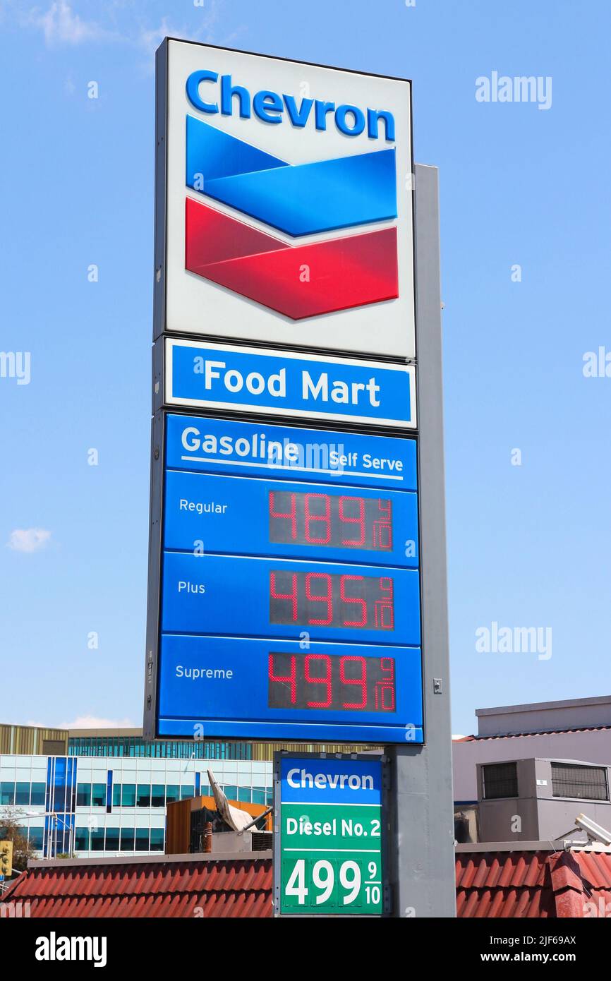 LOS ANGELES, USA APRIL 5, 2014 Gas prices at Chevron gas station in