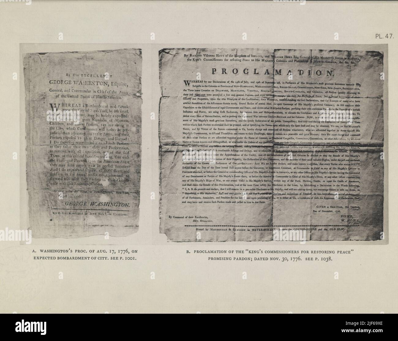 WASHINGTON’S PROCLAMATION OF AUG. 17, 1776, ON THE EXPECTED BOMBARDMENT OF NEW YORK CITY. [Left] PROCLAMATION OF THE “KING'S COMMISSIONERS FOR RE- STORING PEACE’ PROMISING PARDON; DATED NOV. 30, 1776 [Right] from the book  The iconography of Manhattan Island, 1498-1909 compiled from original sources and illustrated by photo-intaglio reproductions of important maps, plans, views, and documents in public and private collections - Volume 5 by Stokes, I. N. Phelps (Isaac Newton Phelps), 1867-1944 Stock Photo