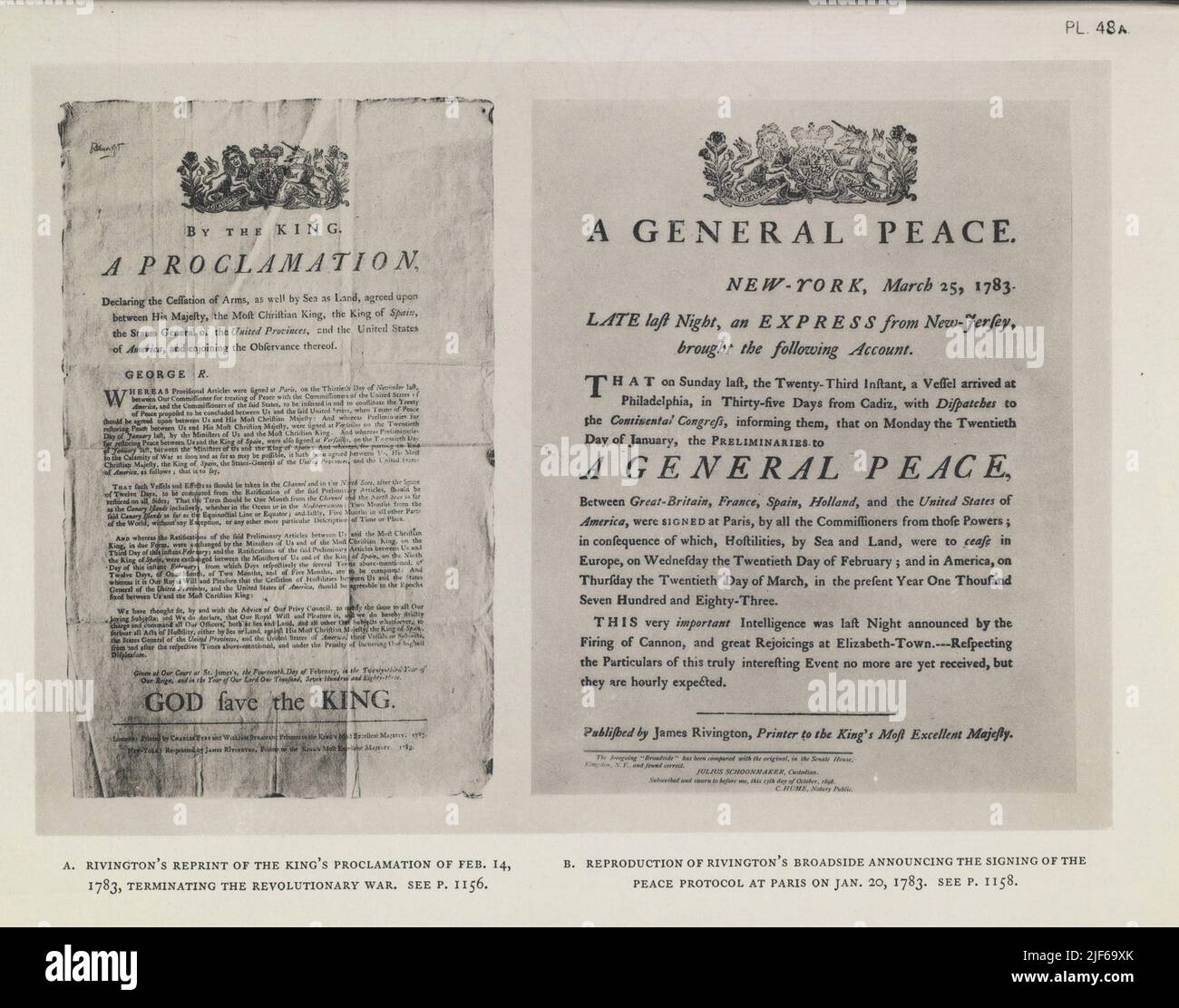 RIVINGTON’S REPRINT OF THE KING’S PROCLAMATION OF FEB. 14, 1783, TERMINATING THE REVOLUTIONARY WAR. [left] REPRODUCTION OF RIVINGTON’S BROADSIDE ANNOUNCING THE SIGNING OF PEACE PROTOCOL AT PARIS ON JAN. 20, 1783; DATED MCH. 25, 1783. [Right] from the book  The iconography of Manhattan Island, 1498-1909 compiled from original sources and illustrated by photo-intaglio reproductions of important maps, plans, views, and documents in public and private collections - Volume 5 by Stokes, I. N. Phelps (Isaac Newton Phelps), 1867-1944 Stock Photo