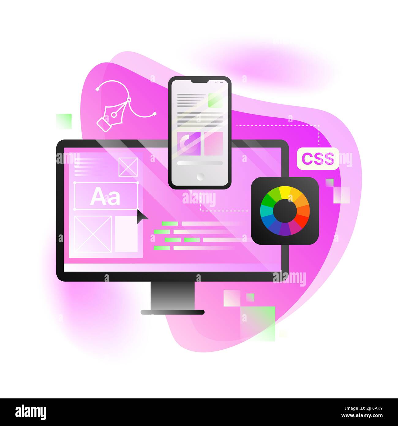 Design Application Illustration. Pink Computer Desktop with Online