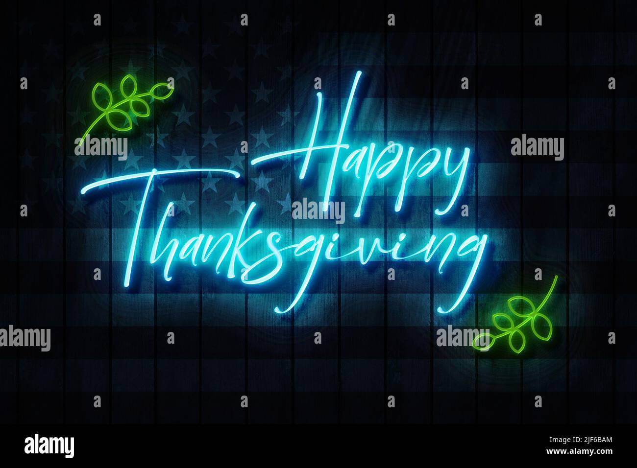 Happy Thanksgiving neon sign on a Dark Wooden Wall with the Stars and Stripes 3D illustration. Stock Photo