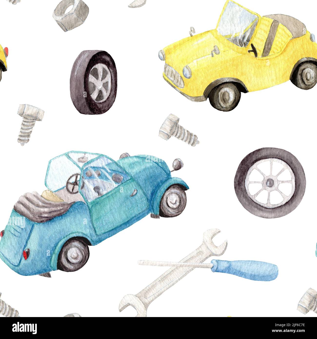 Watercolor retro cars. Seamless childrens pattern with different machines. Hand painted retro car pattern. Retro transport. Machines with a folding. Stock Photo