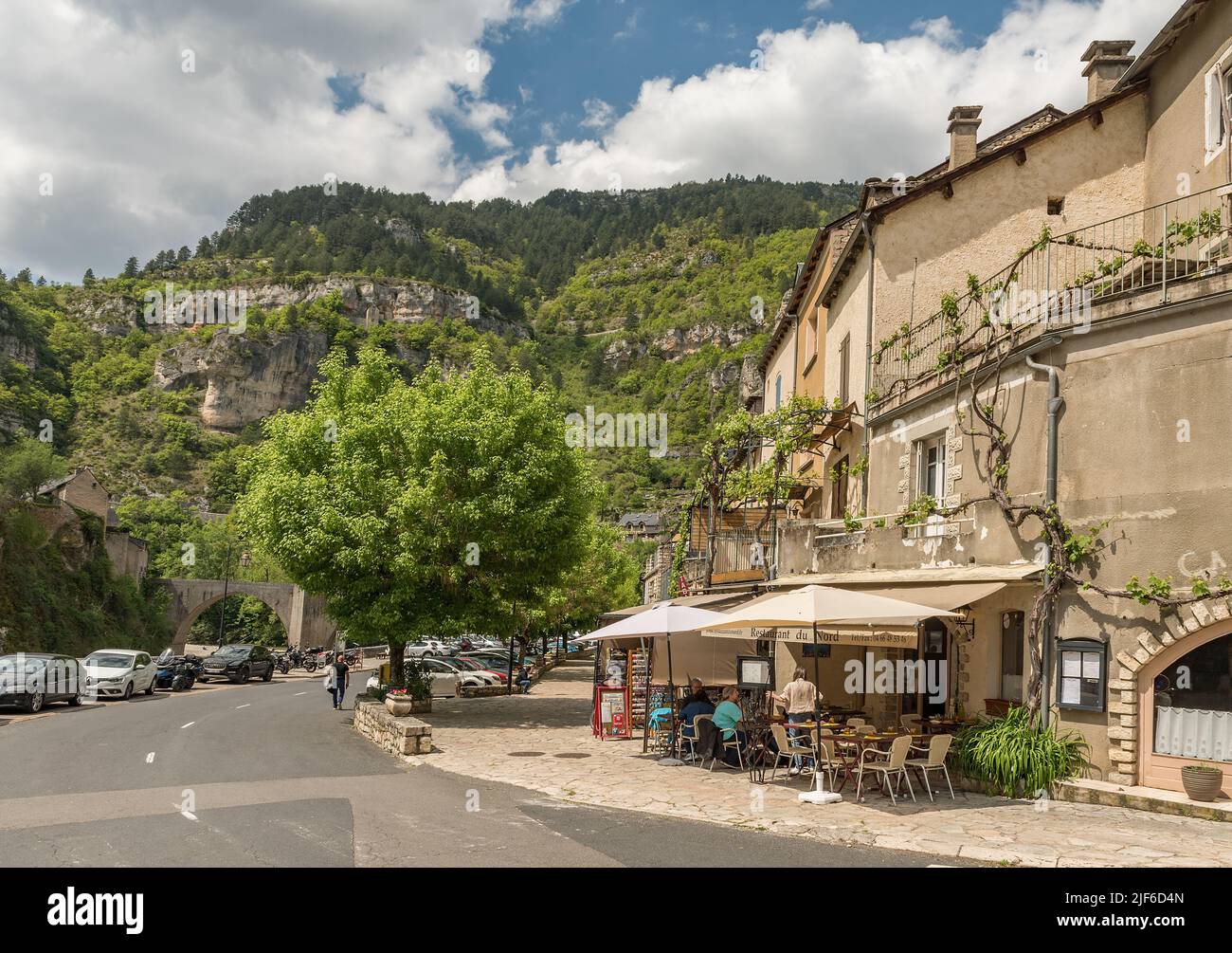 Cafe and restaurant in Sainte-Enimie, Gorges du Tarn, Occitania, France Stock Photo