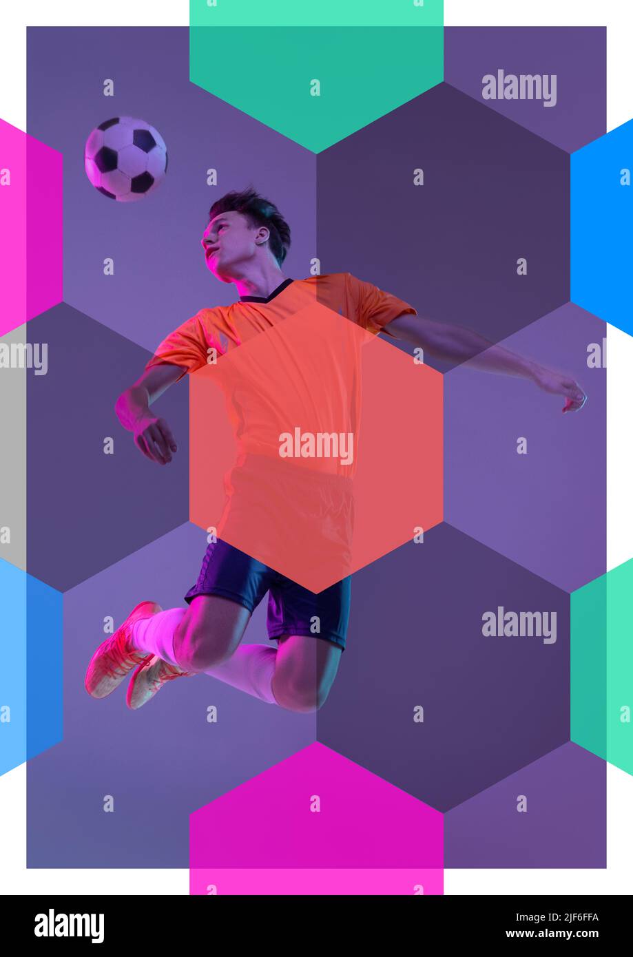 Creative artwork with soccer, football player in motion and action with ...