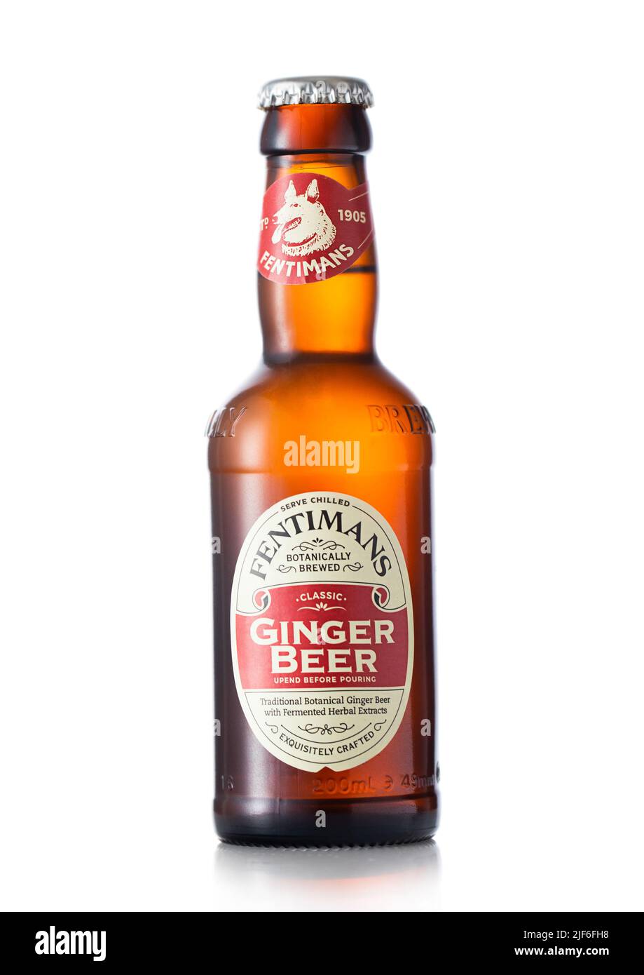 LONDON,UK - MAY 29, 2022: Botanical Ginger beer by Fentimans on white. Stock Photo