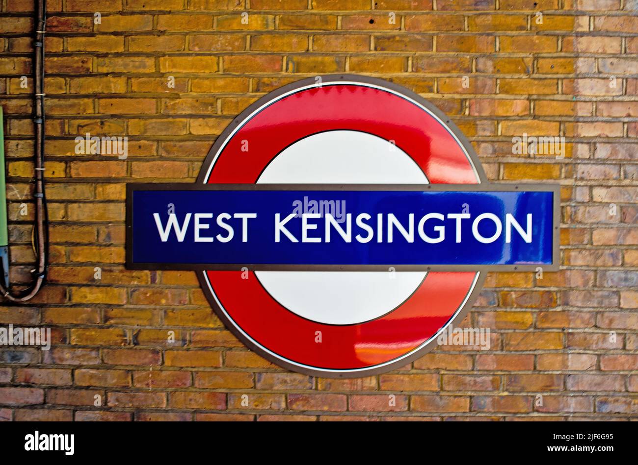 West Kensington 1930s Roundel station Sign, London, England Stock Photo