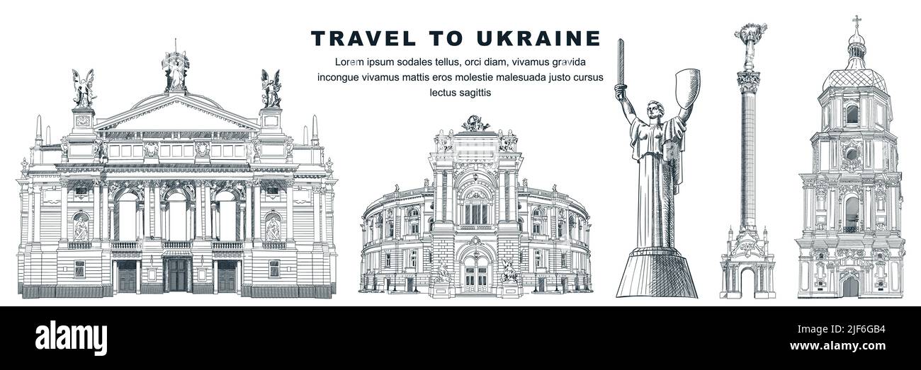 Travel to Ukraine hand drawn landmarks design elements. Vector sketch ...