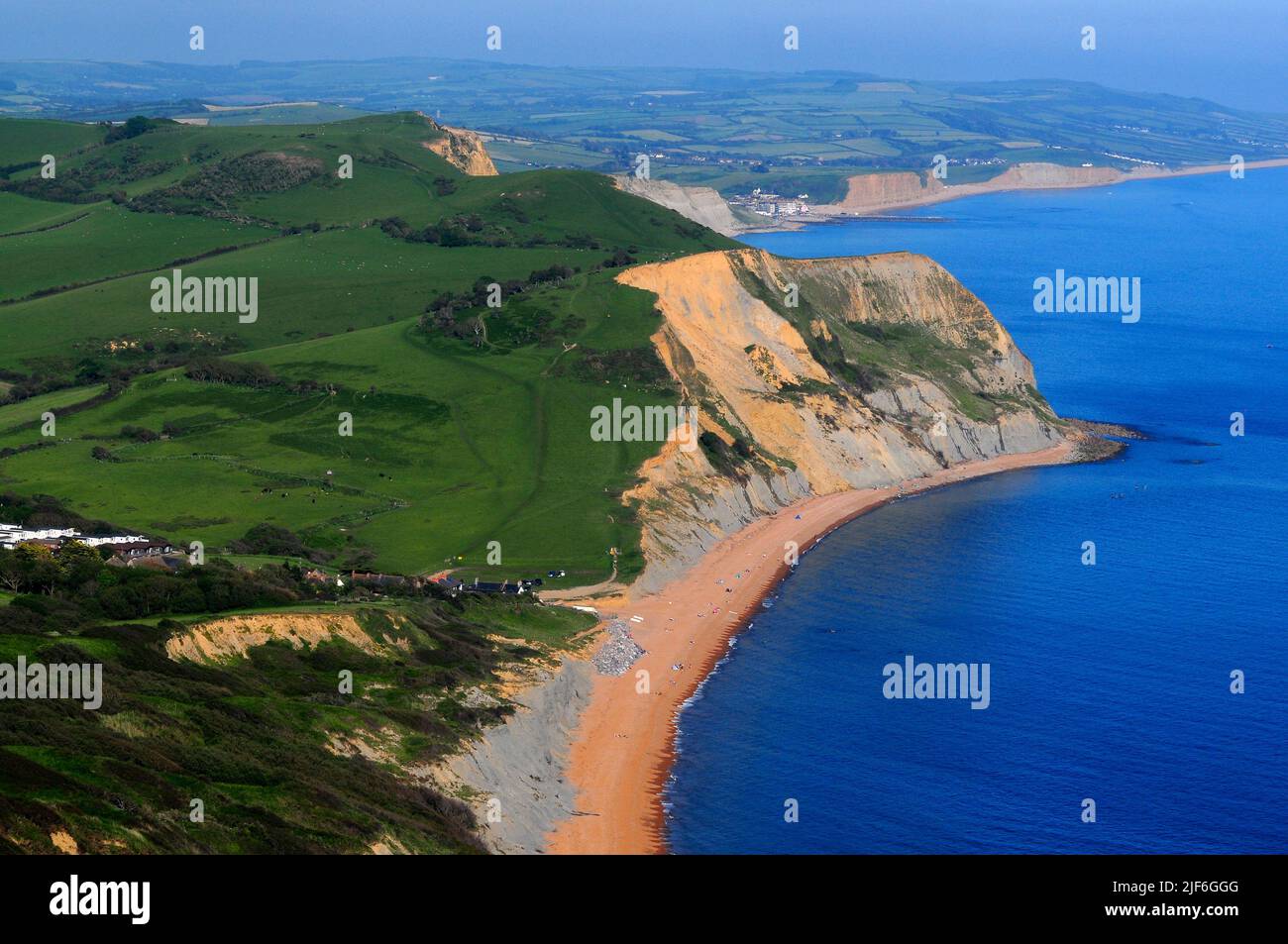 View towards West Bay from Golden Cap with Seatown and Ridge Cliff in foreground in Dorset, UK Stock Photo