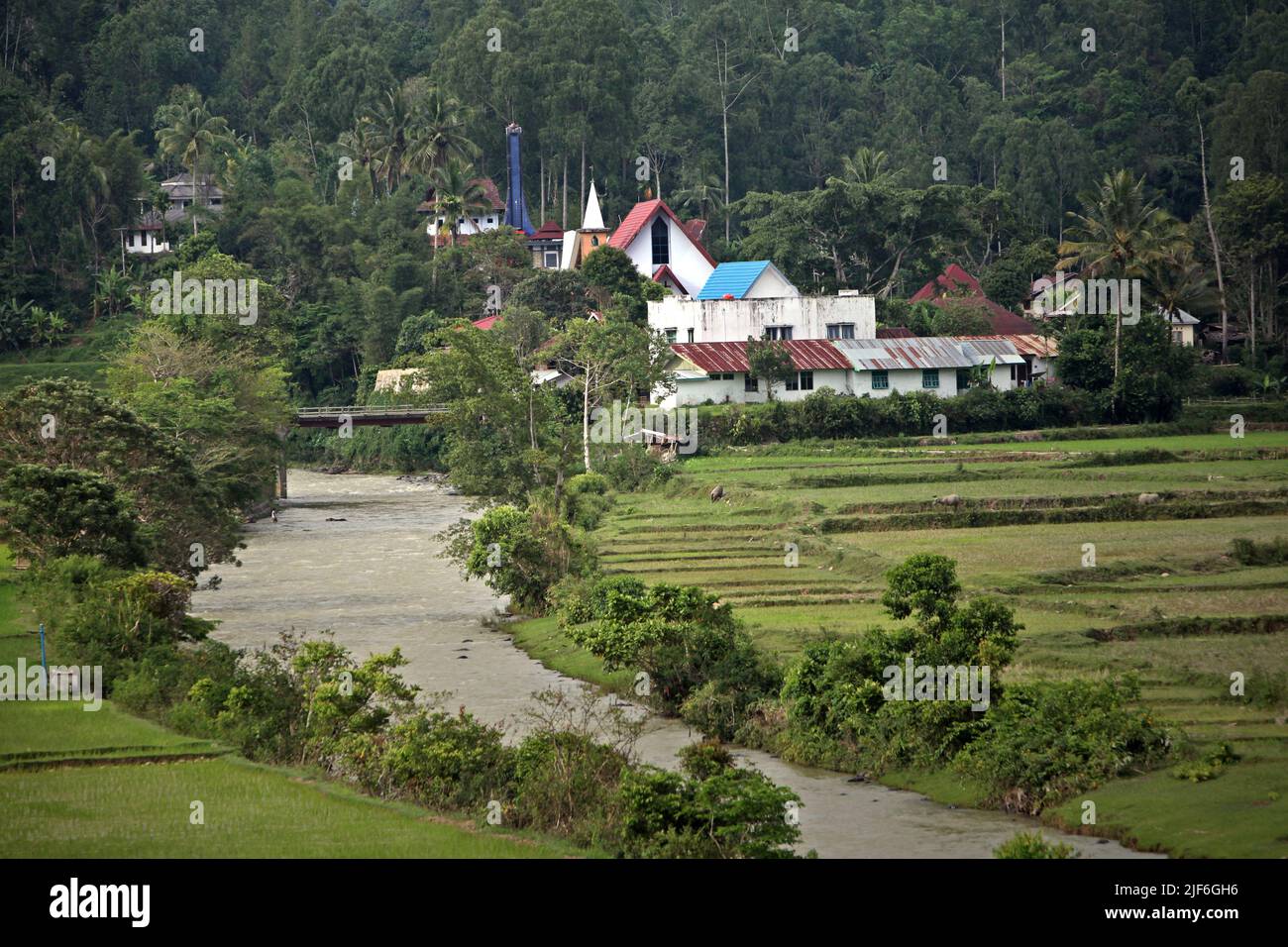 Indonesia Riverside Landscape of a riverside village in Sa'adan, North Toraja, South ...