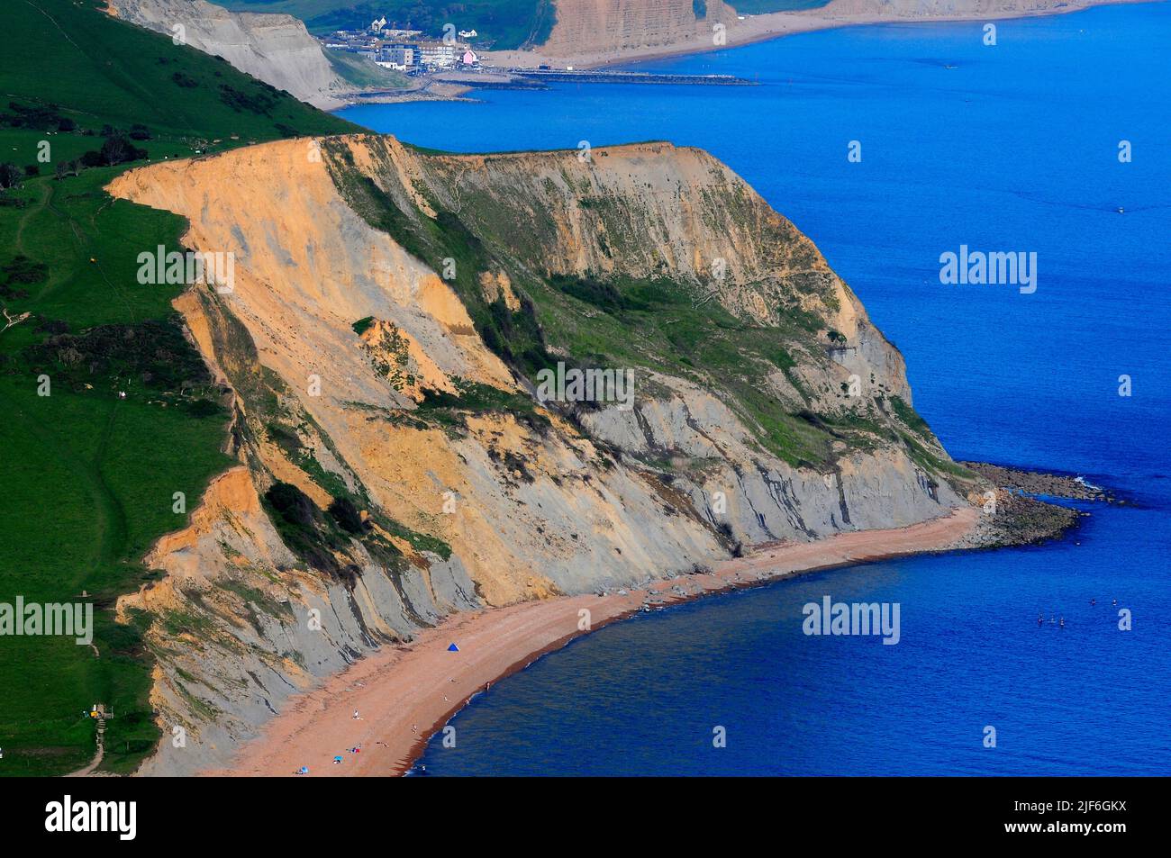 View towards West Bay from Golden Cap with Ridge Cliff in foreground in Dorset, UK Stock Photo