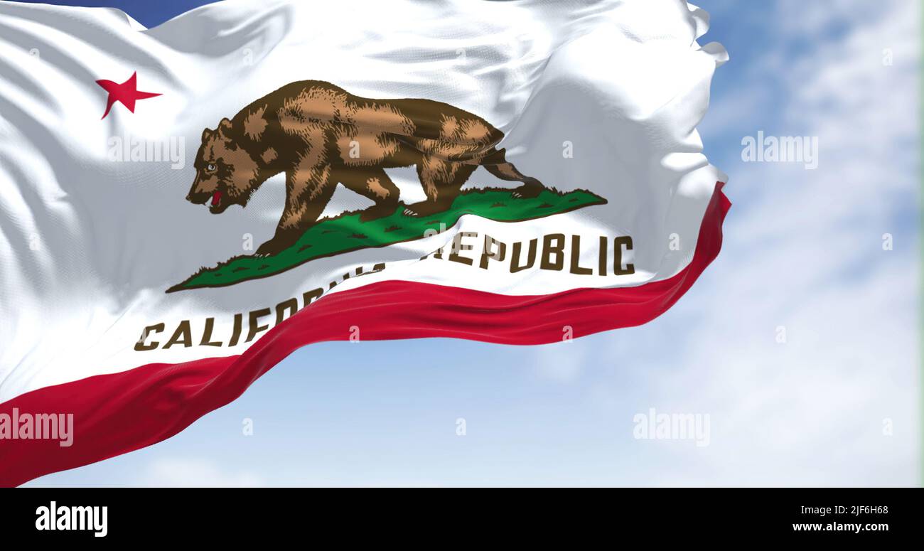 Close-up view of the California flag waving. California is a federated state of the United States located in the South West Coast Stock Photo