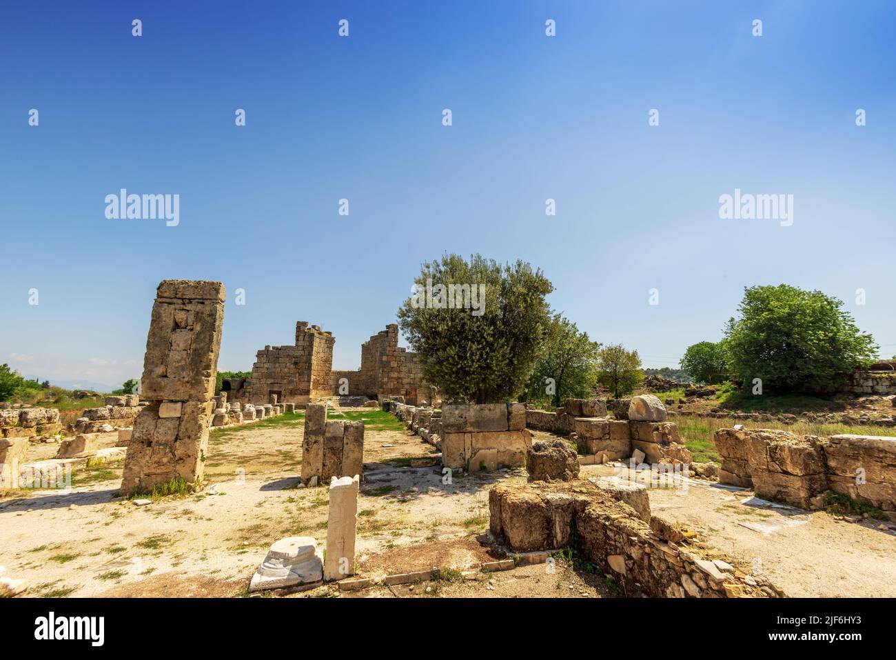 Ruins of ancient Byzantine basilica, the early-Roman Christian church, preserved in Perge, Antalya, Turkey. Stock Photo