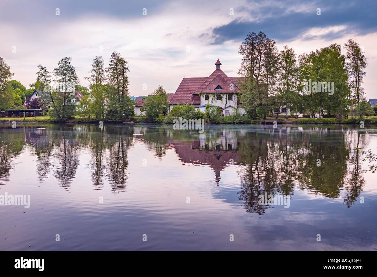 The Waldfriedensee lake of Neustadt bei Coburg town, Germany. Stock Photo