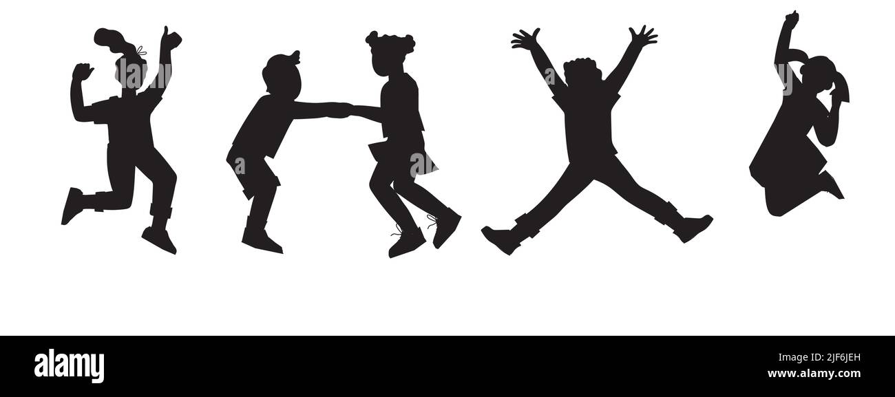 Black silhouettes set of jumping up children boys and girls, vector ...