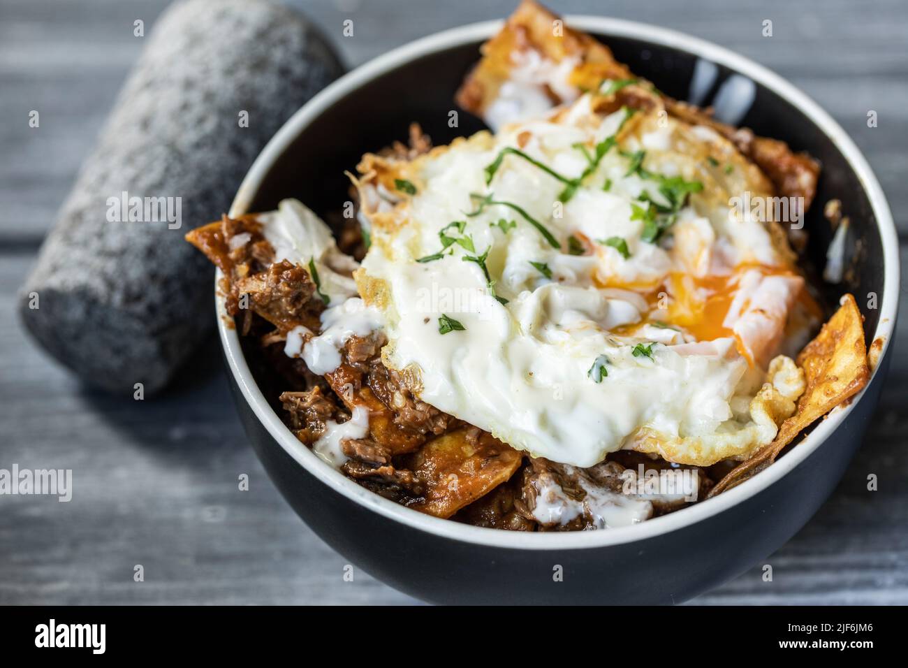 From above closeup traditional Mexican breakfast dish called